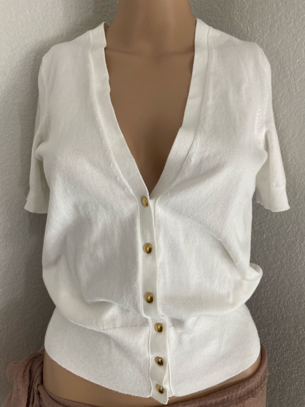 Banana Republic White Short-Sleeve Button-Down sweater with Gold Buttons Sz SP